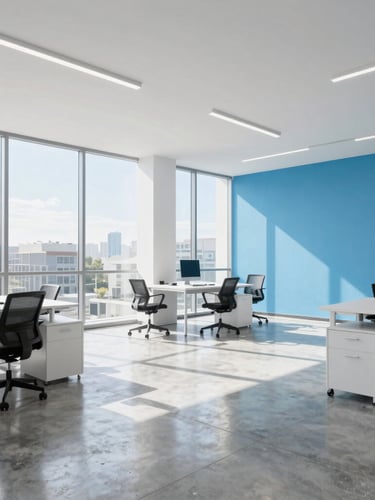 Bright modern office space with large windows, sunlight reflecting on polished concrete floors, minimalist furniture, sky blue accent wall, professional high-key photography.