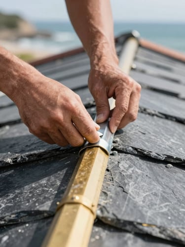 Close-up of hands beating a zinc joint on a slate roof, natural coastal daylight, focus on texture and craftsmanship