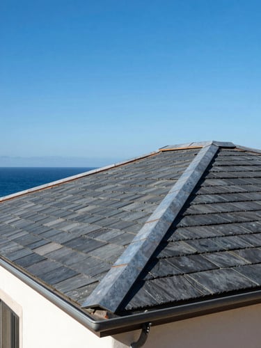 Low-angle shot of a beautiful coastal villa roof made of deep slate tiles, meeting a dramatic blue coastal sky, bright daylight, 35mm