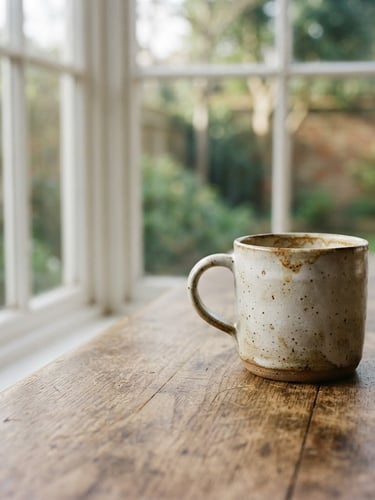 Raw analog photography of a used ceramic mug on a wooden table, soft natural afternoon light streaming through a window, muted warm tones, subtle film grain, 35mm lens, negative space on the left