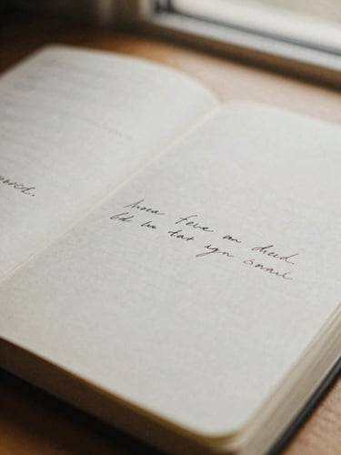 Close-up detail of an open paper notebook with handwritten ink notes, soft natural window light, warm shadows, muted earth tones, 35mm lens