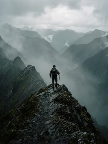 Moody overcast daylight in a vast mountain range, a solitary figure standing on a sharp ridge looking into misty fog, deep jungle greens and dark charcoal tones, cinematic 35mm