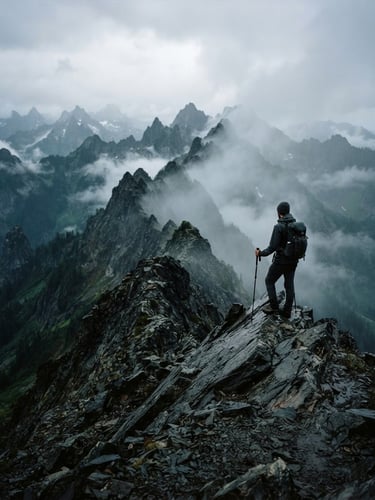 A solitary figure standing on a sharp misty mountain ridge, dark charcoal rock formations, moody overcast daylight, cinematic 35mm