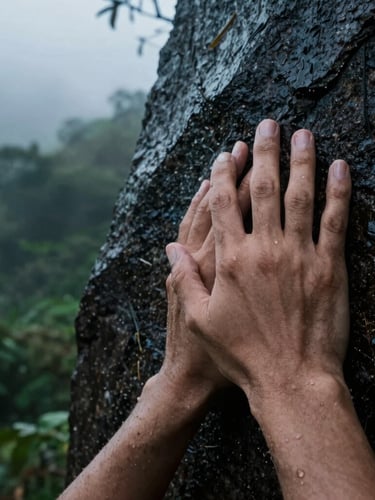 Extreme close-up of weathered hands gripping a wet, dark granite rock face, water droplets clinging to skin, moody overcast lighting, high contrast