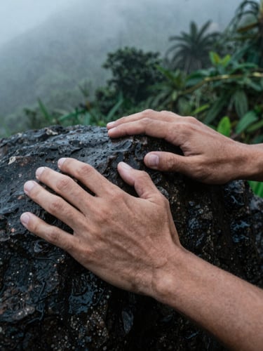 Extreme close-up of hands gripping wet, dark granite rock, water droplets visible, high focus and tension, moody overcast lighting