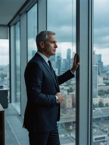 Candid, deep-focus portrait of a mature male executive in a dark suit, looking thoughtfully out of a high-rise office window, cool dramatic daylight, desaturated blue and slate tones, shallow depth of field, 35mm