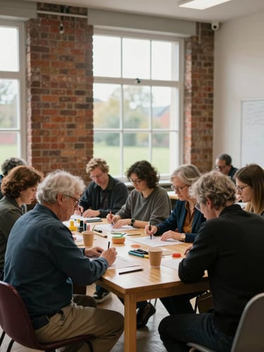 A focused community workshop in a bright, brick-walled UK local center. A group of diverse adults sit around a wooden table collaborating on a project, soft natural overcast daylight streaming through large windows.