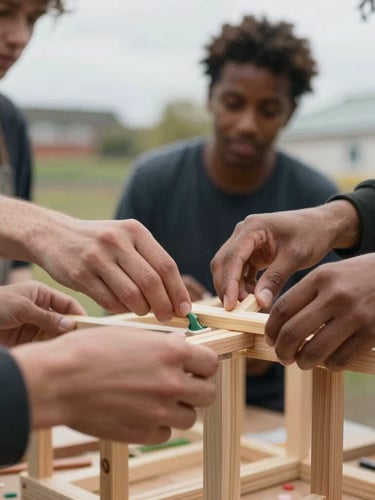 A close-up photograph of a hands-on community workshop in Bristol, hands of diverse volunteers building a wooden structure together under natural overcast daylight.
