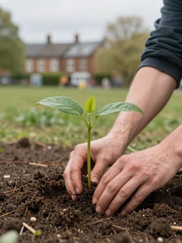 A vertical portrait of hands carefully planting a young sapling in rich soil at a neighborhood park in northern England, diffused natural overcast daylight.