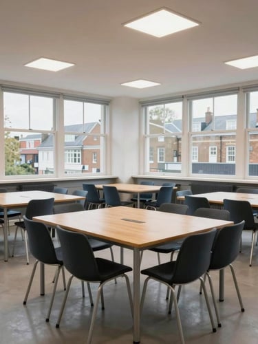 A medium-wide environmental shot of a modern, light-filled UK community center meeting room with large windows, soft overcast London daylight, wooden tables and chairs, clean and professional setup.