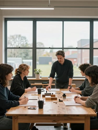 A medium-wide shot of a modern UK community workshop, an instructor guiding adult learners around a wooden workbench under soft, natural overcast window light.