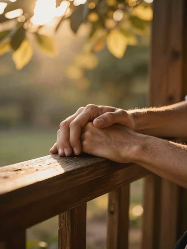 Close-up of two hands intertwined resting on a sun-warmed wooden porch railing, golden backlight filtering through out-of-focus leaves above, soft shadow detail on the knuckles, warm amber tones