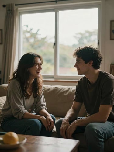 Wide environmental shot from the left edge — a couple in their living room by a large window, warm overcast daylight streaming in, woman laughing with head slightly turned, man watching her with a quiet smile, hands loosely intertwined, clutter of real life softly visible in the background, no staging