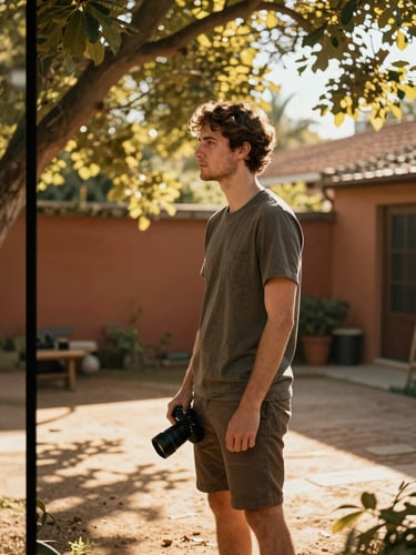 Close editorial frame from the left edge — photographer standing in a sun-drenched backyard, three-quarter profile, dappled golden-hour light filtering through tree canopy overhead, camera held loosely at side, warm terracotta and sand tones, gaze directed off-frame, candid and unhurried