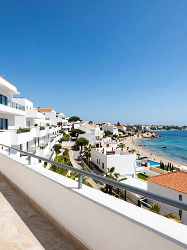 Bright editorial travel photography, sunlit modern hotel balcony overlooking a Mediterranean coastal town, clear blue skies, wide-angle lens