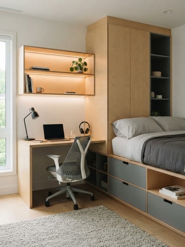Clean architectural photograph of a modular desk system integrated with a storage bed in a modern teen bedroom, warm birch wood and slate gray surfaces, natural window light, subtle LED backlighting, no clutter, 35mm
