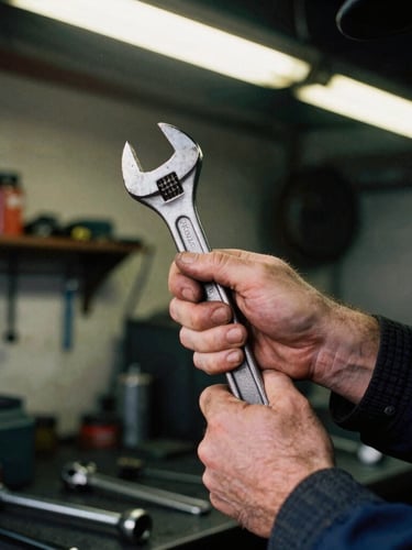 Close-up of a mechanic's grease-stained hands holding a spanner in a busy independent UK workshop, warm overhead shop lighting, 35mm film look