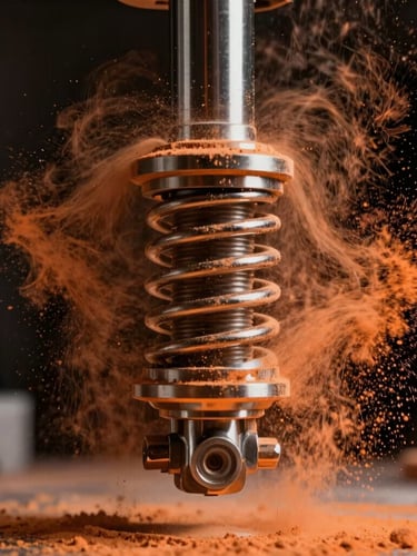Macro shot of electrostatic powder cloud wrapping around a high-performance steel suspension arm, dramatic orange lighting catching the fine particles