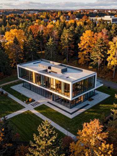 Wide-angle cinematic aerial sweep of a modern Scandinavian architectural villa nestled in a vibrant autumn forest, golden hour sunlight reflecting off the glass facade, shot from a 45-degree angle