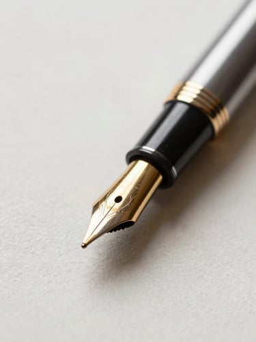 Extreme macro shot of a gold-nibbed fountain pen resting on heavy, textured off-white cotton paper, soft directional candlelight, deep shadows.