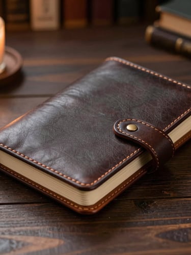 Tactile close-up of a hand-bound leather journal resting on a dark wooden table in a private study, warm candlelit atmosphere.