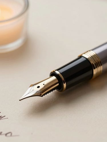 Macro shot of a classic fountain pen resting on heavy, textured cream paper with elegant handwritten script, warm directional candlelight.