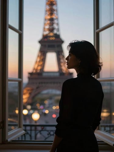 Soft-focus, low-lit silhouette of an elegant individual looking out of a tall Parisian window at dusk, warm interior lamp glow.