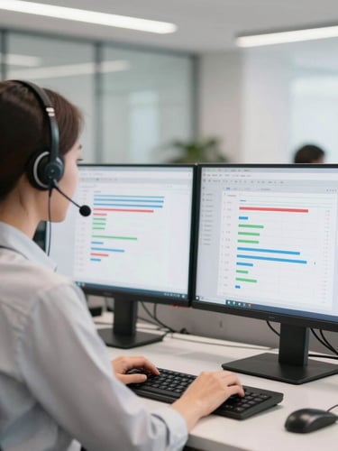 A bright modern corporate office, a professional call center agent wearing a headset looking at a dual-monitor data dashboard displaying real-time call routing metrics, high-key lighting, shallow depth of field.
