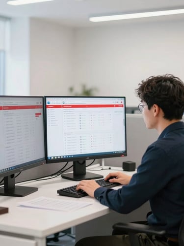 A professional media buyer analyzing live traffic dashboards in a bright corporate office, clean high-key lighting, red accents on screens.