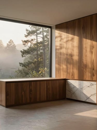 Cinematic wide shot of a luxury minimalist living room with custom walnut cabinetry, marble details, flooded with soft golden hour light, looking out to a misty forest canopy