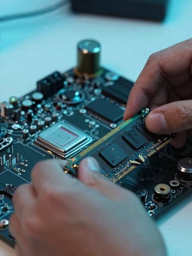Hands carefully installing RAM into a motherboard on a clean workshop table, high-contrast cool teal lighting, macro lens, 35mm