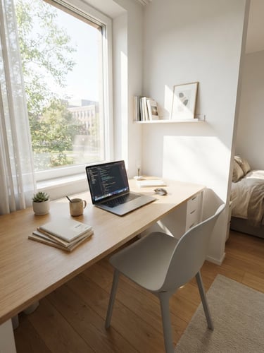 Sunlit student room with a clean modern desk, first-person perspective, bright natural daylight, soft shadows, Schibsted Grotesk blueprint style