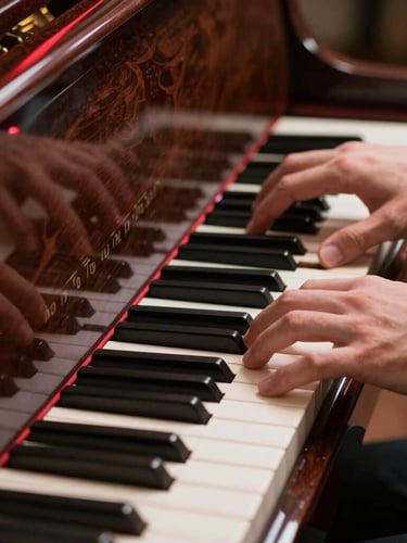 Macro shot of hands playing a polished dark grand piano, red laser-like rim light reflecting on the wooden surface, high contrast.