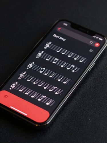 Direct un-angled presentation of a clean mobile application interface showing vector musical notation, dark mode UI with crimson accents, sharp geometric lines, obsidian background.