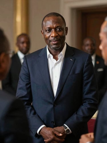 Medium-close portrait of Dr. Jean Narcisse Djaha in a high-level diplomatic setting, engaging with leaders. High-contrast editorial lighting, deep shadows, shallow depth of field, 35mm.
