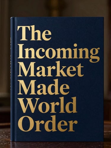 High-contrast editorial shot of 'The Incoming Market Made World Order' book cover, deep navy and muted gold tones, shallow depth of field, 35mm, against a dark academic background, dramatic side-lighting.