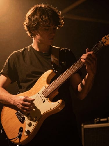 Dynamic low-angle shot of hands playing a vintage electric guitar under dramatic warm amber stage backlighting, deep shadows, moody editorial style.