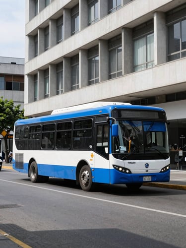 Wide environmental shot of a clean blue and white bus navigating a bright morning city street in Ecuador, crisp architectural photography, 35mm lens