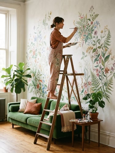 A tall portrait photo of Angela painting a detailed botanical mural on a high ladder, warm natural daylight, real room context with a green velvet sofa below, 35mm lens.
