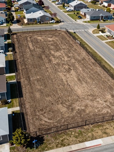 Vacant land parcel with visible zoning markers, boundary fencing, and soil condition evident. Wide daylight view showing adjacent development, street access, and lot dimensions. Clear sight lines, no staging.