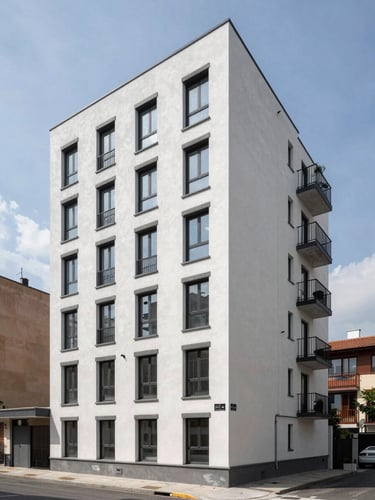 Modern residential apartment building exterior, shot in daylight from street level. Clear view of façade, window condition, architectural detail, and adjacent buildings. Street context visible. No styling, no people.