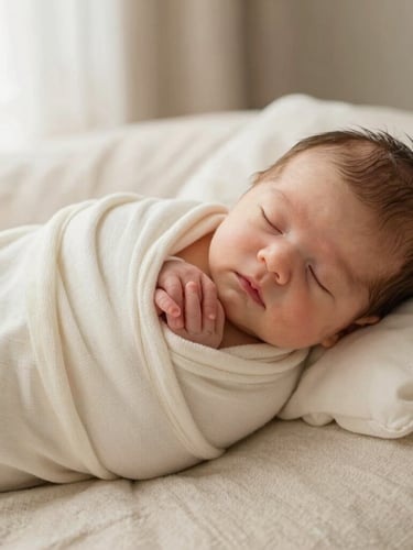 A newborn baby wrapped in a soft cream organic cotton blanket, resting peacefully on a beige linen surface, warm diffuse side light, macro shot of tiny baby hands