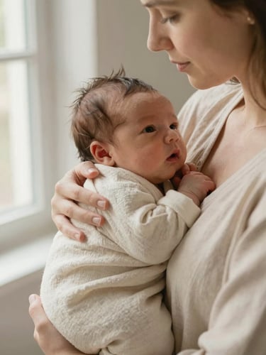 A close-up portrait of a mother gently cradling her newborn baby wrapped in a soft cream linen blanket, warm natural side light from a window, shallow depth of field, minimalist and emotional, beige tones