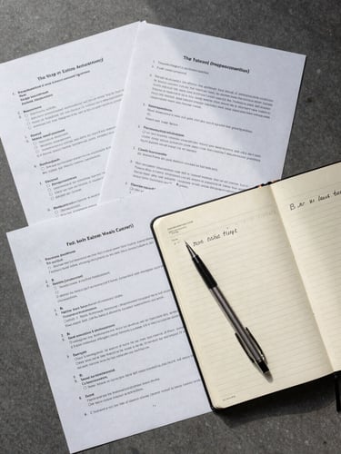 Overhead flat-lay of a legal workspace: annotated trial transcript pages fanned across a slate-grey surface, a ruled notebook open to handwritten behavioral pattern notes, a mechanical pencil resting diagonally, sharp overhead light casting precise shadows across document edges — clinical and forensic in mood, no people present