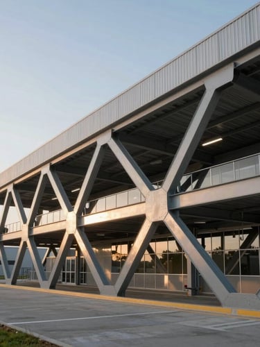 Estructura arquitectónica de un centro de distribución moderno con vigas de acero geométricas expuestas bajo luz natural de mañana.