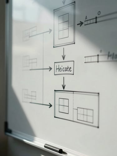 Extreme macro close-up of a structured physical whiteboard with architectural diagrams and clean handwritten framework steps, high-contrast cool natural daylight, deep shadows.
