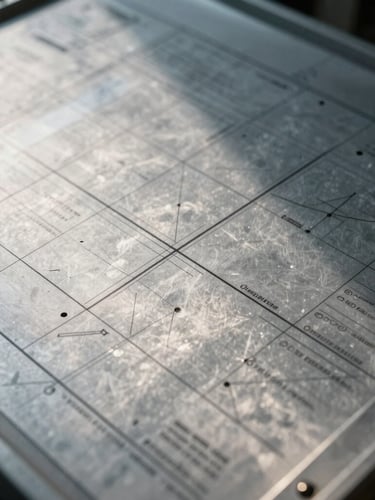 Detalle macro de un panel de planificación metálico con marcas geométricas precisas y notas técnicas, iluminación diurna fría y sombras profundas.
