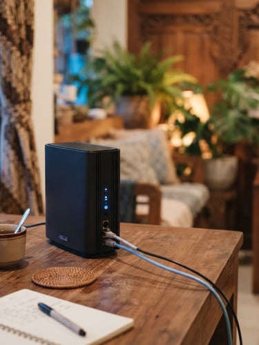 Sleek modern fiber optic router on a wooden desk inside a warm Indonesian home, soft blue ambient light, shallow depth of field, modern lifestyle photography