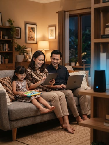 A warm modern Indonesian living room where a family is streaming seamlessly on tablets and laptops, soft blue ambient tech glows from a sleek router on a shelf, shallow depth of field, modern lifestyle photography.