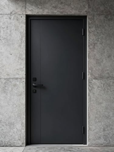 Tight vertical portrait crop of a finished black PVC door installed in a minimalist concrete entryway, dramatic side-lighting highlighting the clean edge profiles.